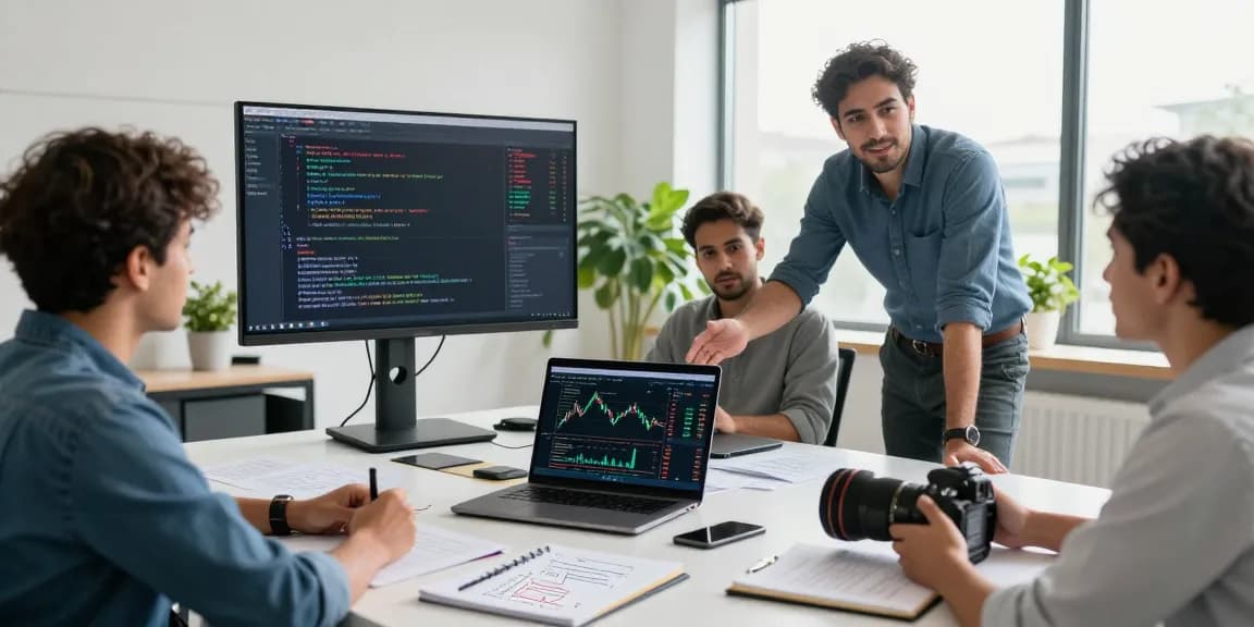 Team collaborating using the India stock WebSocket API for real-time market insights in a modern workspace.