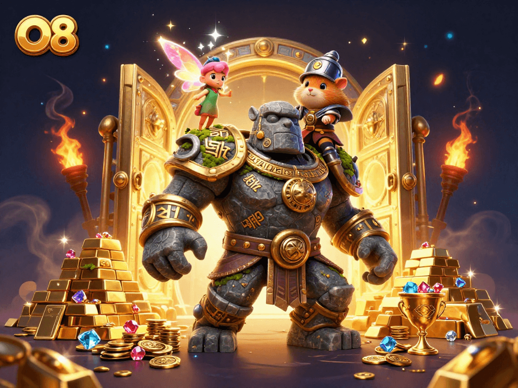 Spin the reels at O8, where a magical golem guardian and fairy immerse you in thrilling gaming treasures.