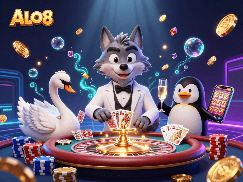 Experience the excitement at ALO8 with a debonair wolf and elegant characters at a vibrant casino scene.