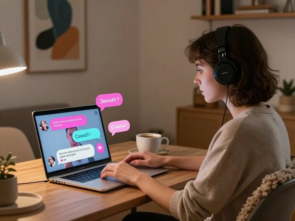 A user immersed in an ai porn chat with an engaging virtual character in a cozy digital workspace.