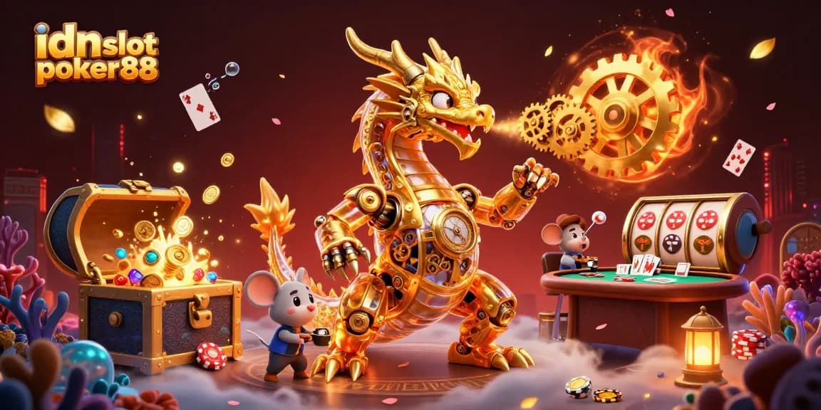 Engage with exciting idn slot poker88 gameplay as the golden dragon breathes gold among vibrant casino elements.
