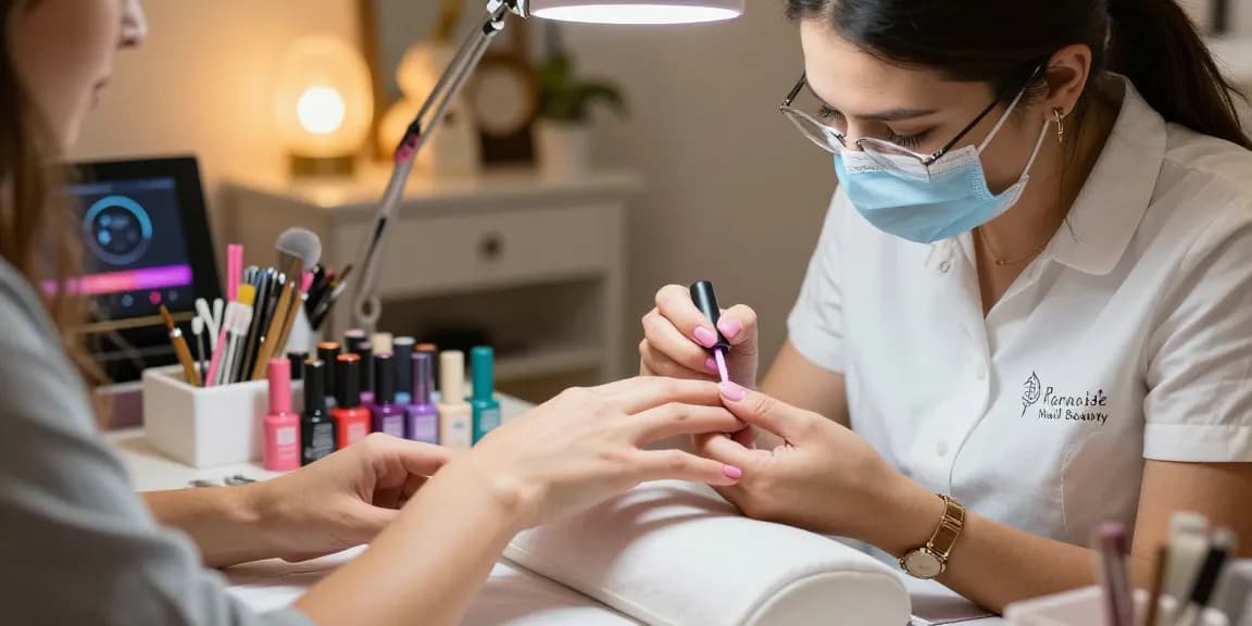 Paradise Nail Beauty showcasing a nail technician providing gel polish service in a hygienic salon environment.