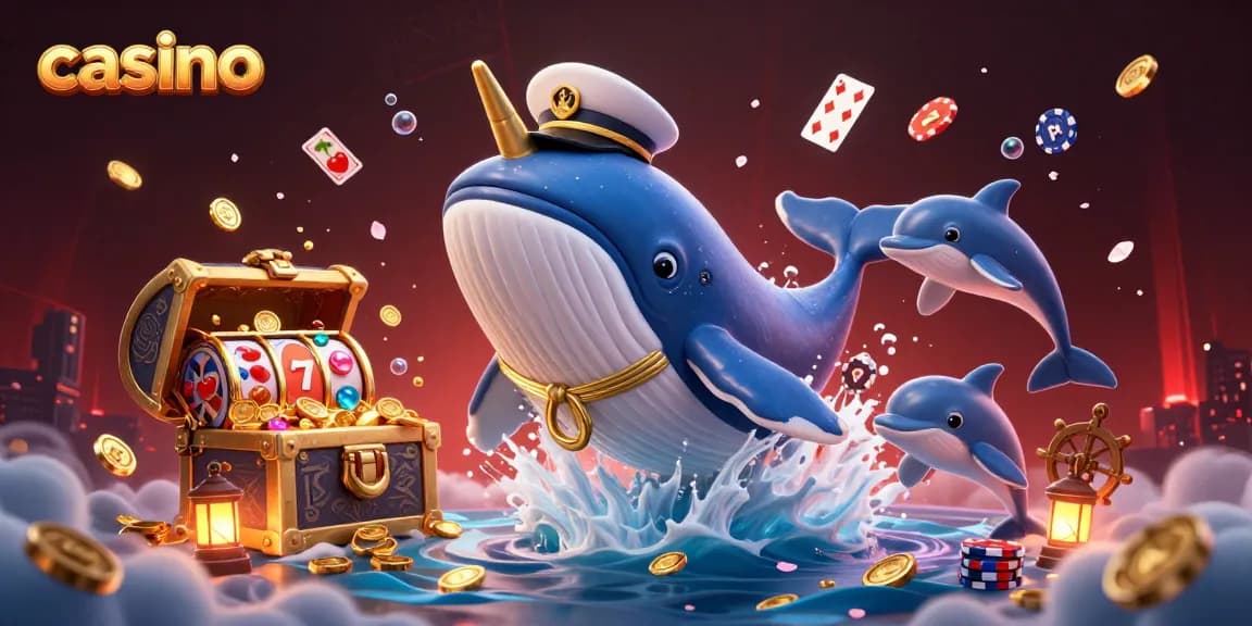 Experience the thrill of casino gaming with a whimsical whale and playful dolphins amidst vibrant slot reels.