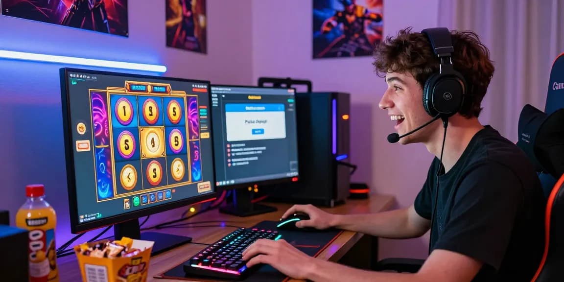 Player enjoying online slots with depo pulsa 10k tanpa potongan in a vibrant gaming setup