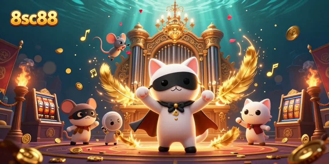 Engage with 8sc88's vibrant casino scene, featuring a 3D phantom cat and mouse acrobat in action.