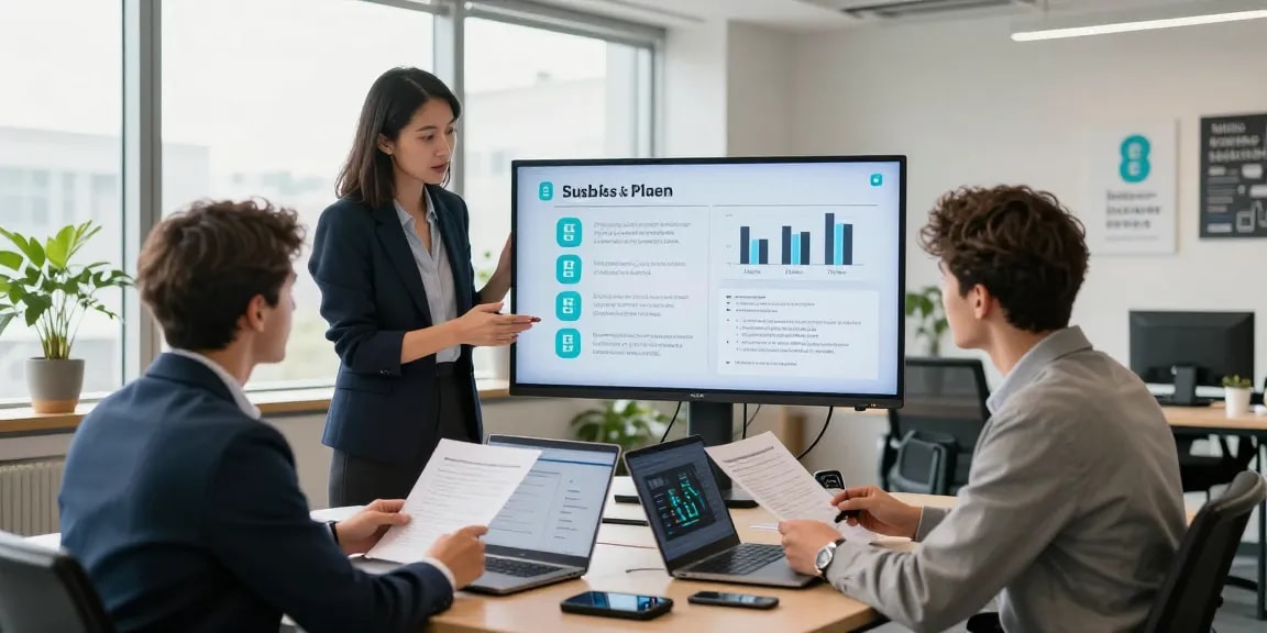 Comparing EE vs Three business plans in a vibrant office environment with professionals discussing mobile plan features.