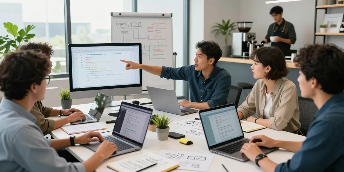 Build internal tools with AI in a collaborative office setting showcasing team discussions and tool prototypes.