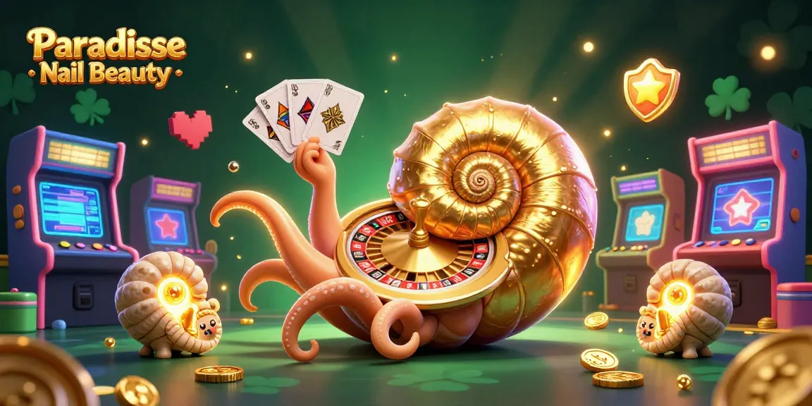 Experience the excitement of Paradise Nail Beauty with a vibrant 3D casino-inspired illustration featuring a giant nautilus and glowing elements.