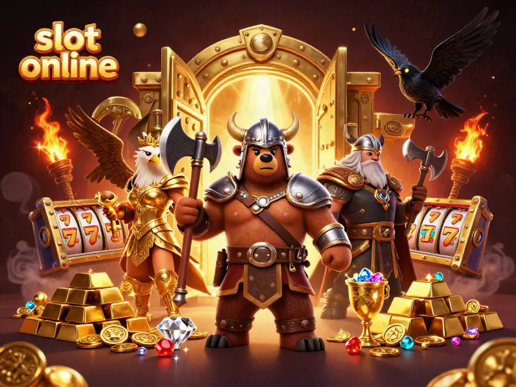 Engage with the vibrant slot online scene showcasing Viking and Valkyrie characters amidst treasures and slot game elements.