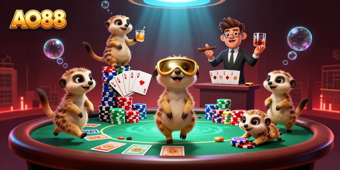 AO88 meerkats operating a lively casino scene, showcasing dynamic poker action and vibrant gameplay elements.