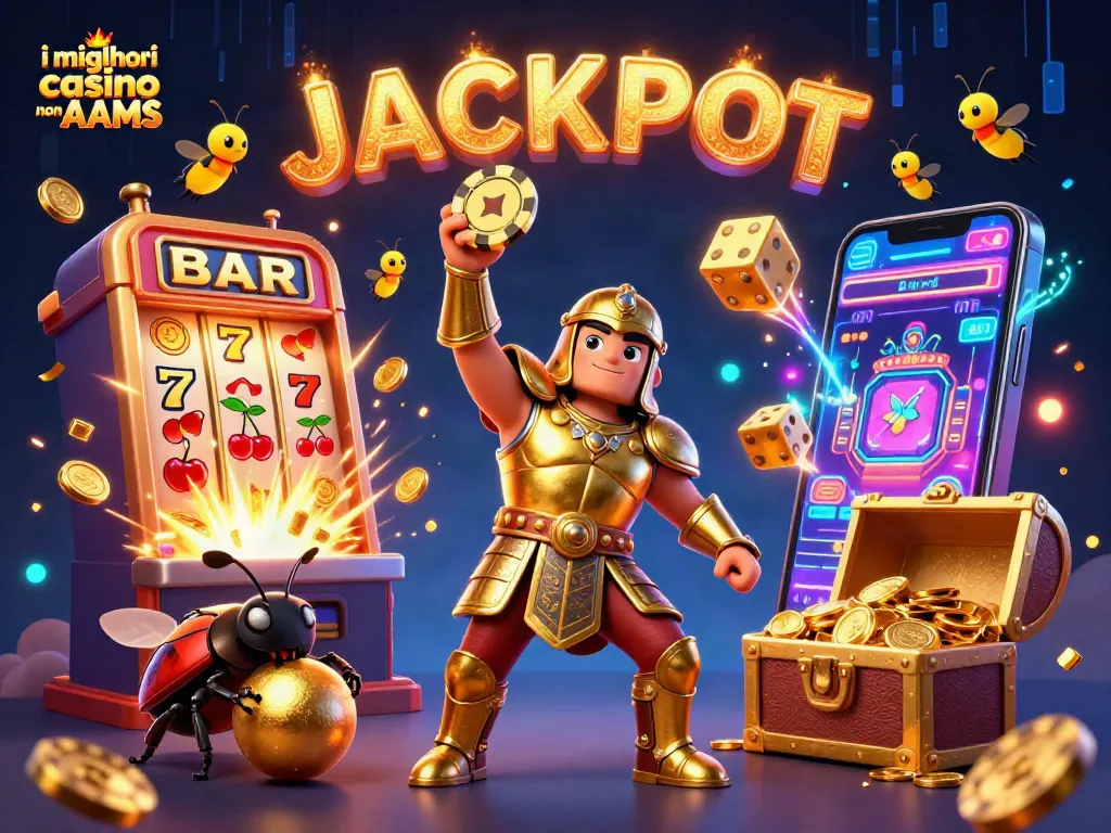 i migliori casino non AAMS: esultano in un'illustrazione 3D con casinò e jackpot