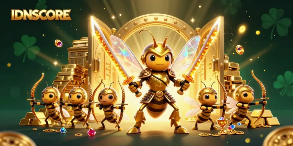 IDNSCORE features a giant golden hornet in samurai armor with bee archers, surrounded by jewels and gold.