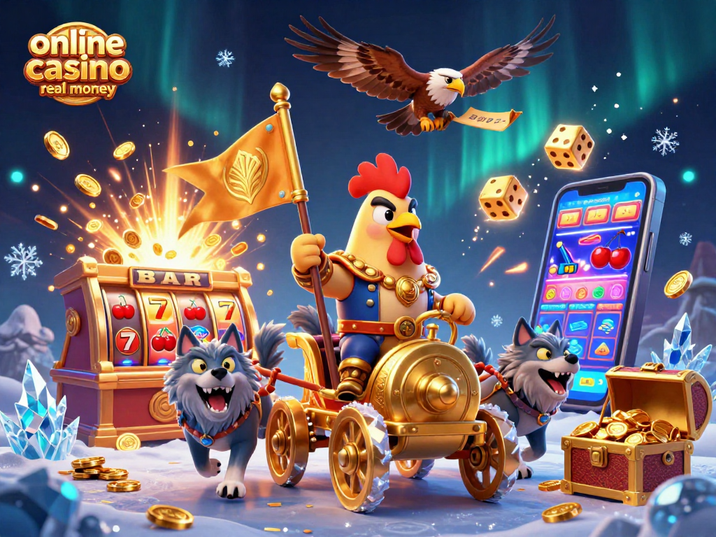 Experience the thrill of online casino real money with a vibrant 3D illustration of a rooster warlord, jackpot and gaming elements.