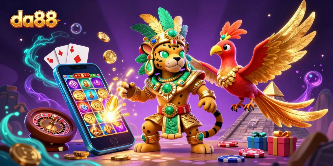 Experience thrilling gameplay with da88 featuring a Mayan jaguar priest surrounded by slots and coins.
