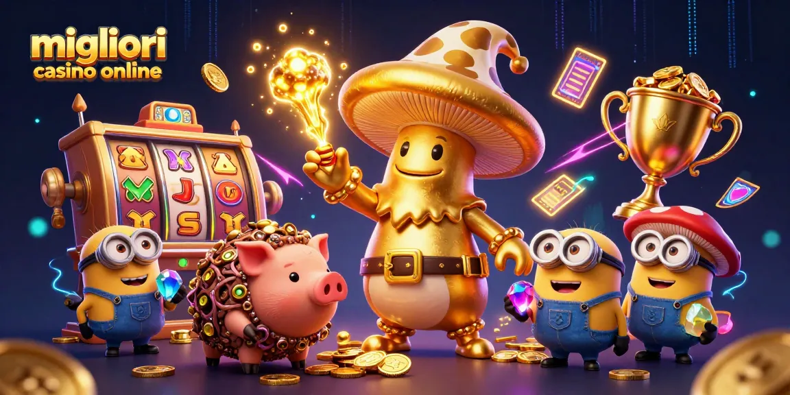 Scopri i migliori casinò online con una scena magica che mostra un mago, un maialino e minion fungo.