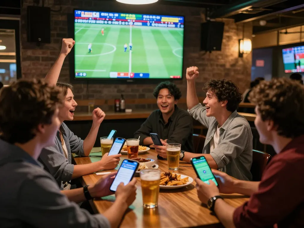 Exciting sports betting moment with friends using keo nha cai apps in a lively bar
