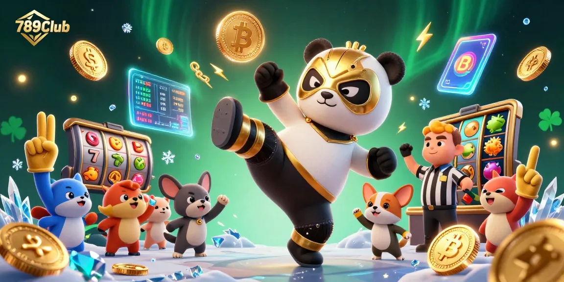 Join the excitement at 789Club with energetic animal characters, showcasing vibrant slot game action and crypto elements.