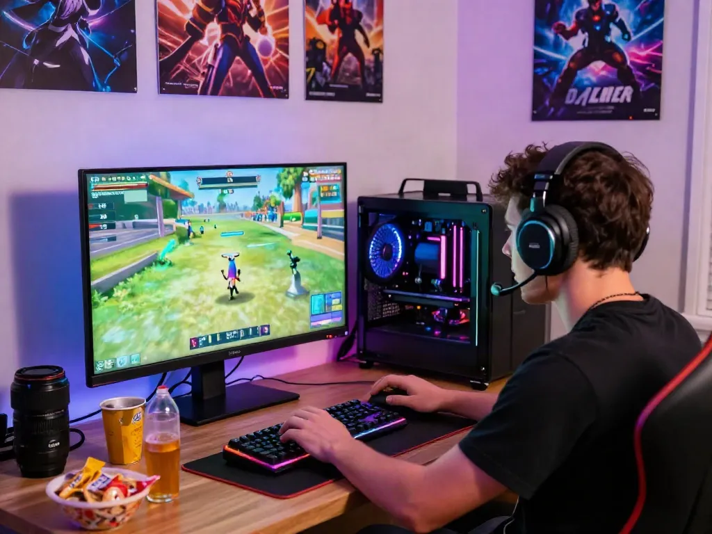 Exciting gaming setup with a player focused on rokok88 daftar game on screen, surrounded by gaming gear and colorful RGB lights.