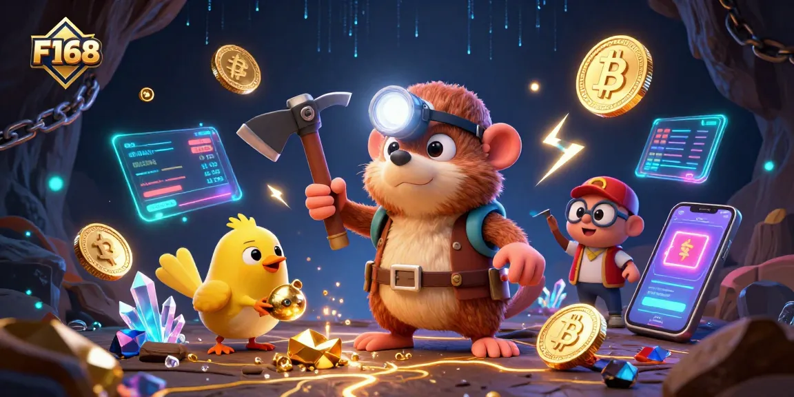 F168 gamblers enjoy mining golden opportunities with cryptocurrency in a vibrant casino-themed illustration.