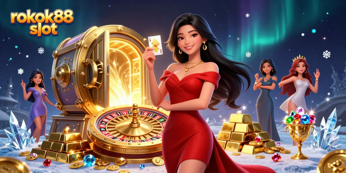 Experience thrilling wins with rokok88 slot at a vibrant casino illustration.