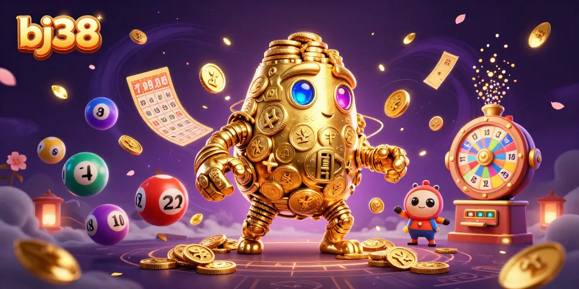 Engage with bj38's golden golem amidst vibrant casino elements in this thrilling illustration.