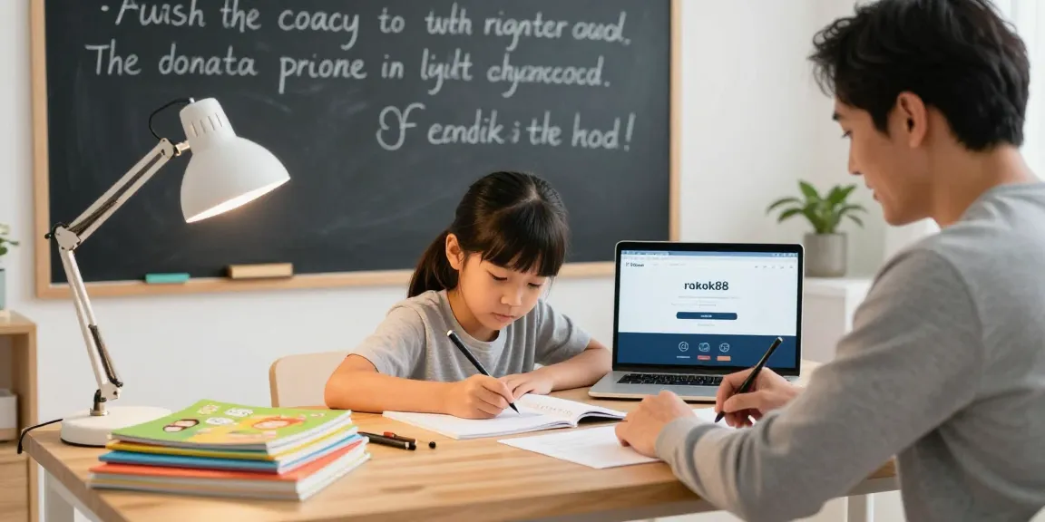 Parent using rokok88 login on a laptop while assisting child with homework in a cozy home study.