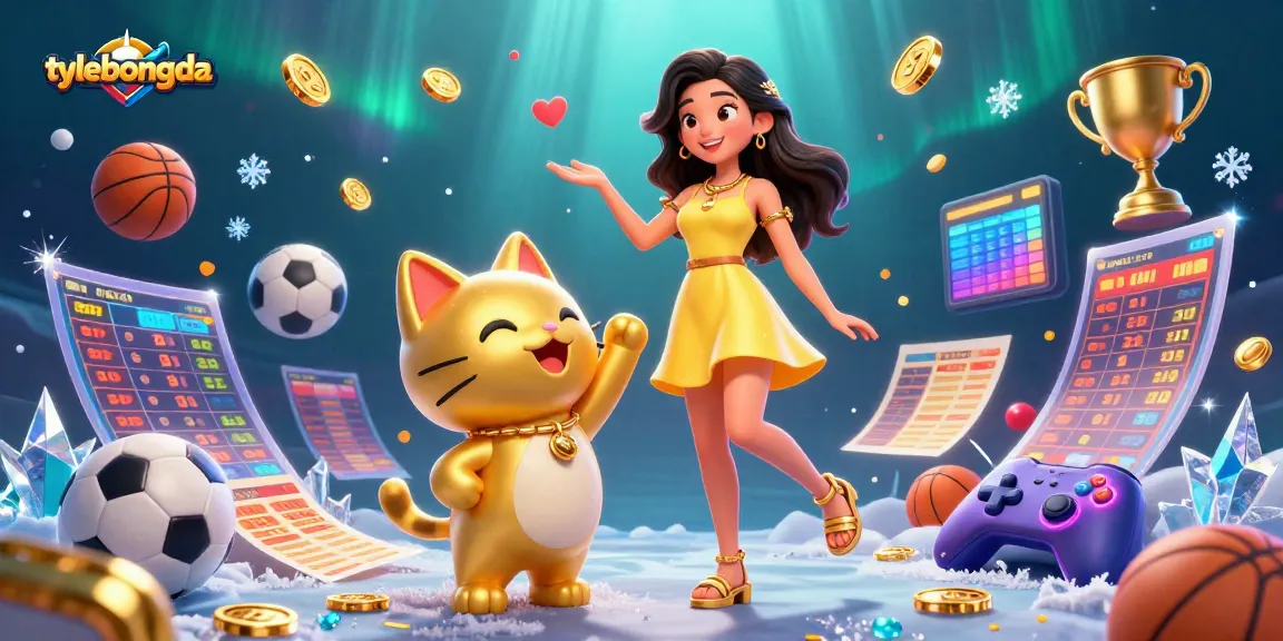 Tylebongda encourages sports betting with exciting visuals of a joyful woman and a lucky cat mascot amidst vibrant gaming elements.