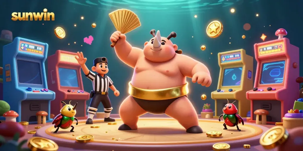 Experience thrilling action with sunwin as a cartoon beetle champion unleashes gold coins in an exciting casino scene.