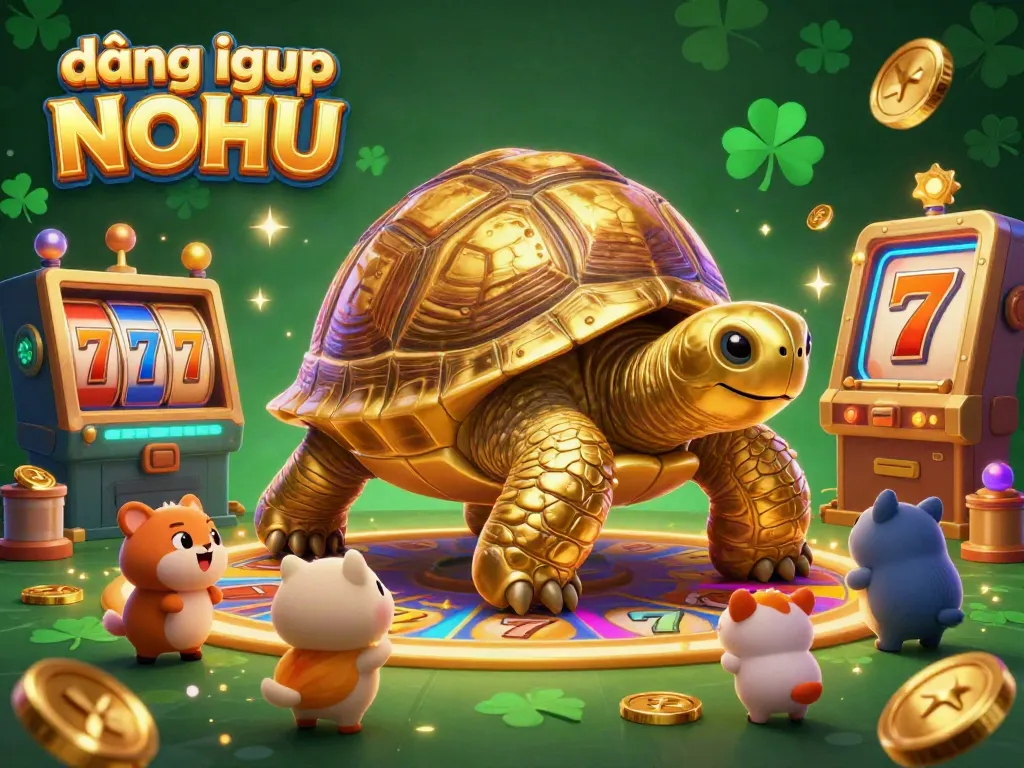 Engage in the thrilling experience of đăng nhập NOHU with the colorful games and gold coins surrounding a colossal pinball machine tortoise.