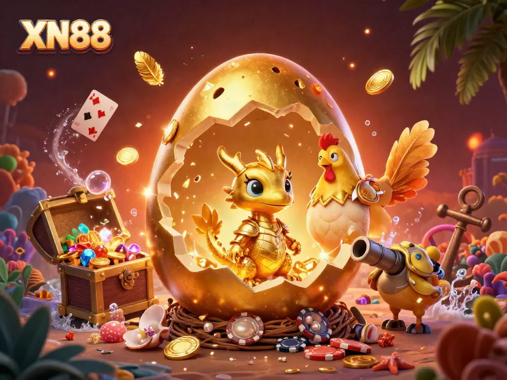 Experience thrilling gameplay at XN88 with a golden dragon and casino elements in a vibrant scene.