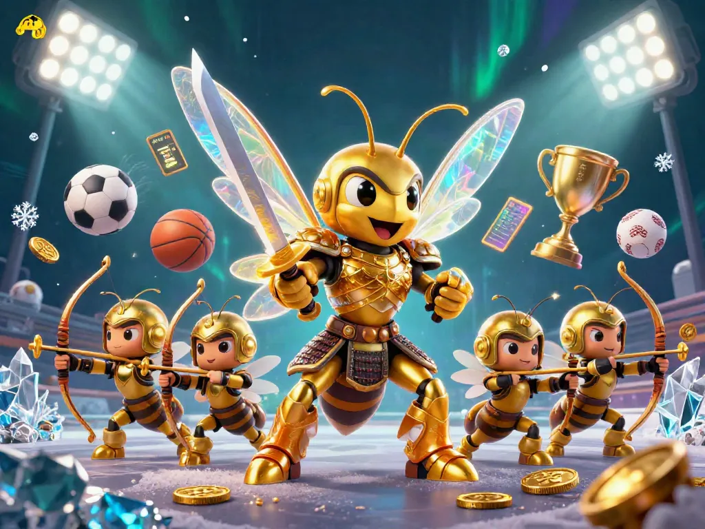 Mubet gaming action scene with a golden hornet and bee archers amidst sports elements and dynamic light
