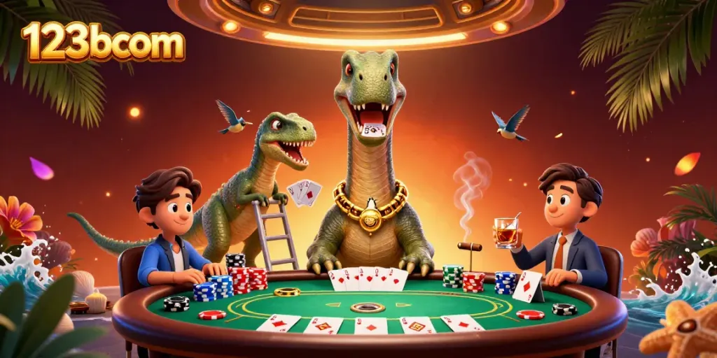 Experience thrilling poker action with 123bcom featuring a fun dinosaur dealer and vibrant casino elements.