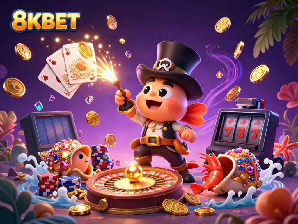 8KBET showcases vibrant casino fun with a 3D anglerfish, shrimp, and gem snail amid golden coins.