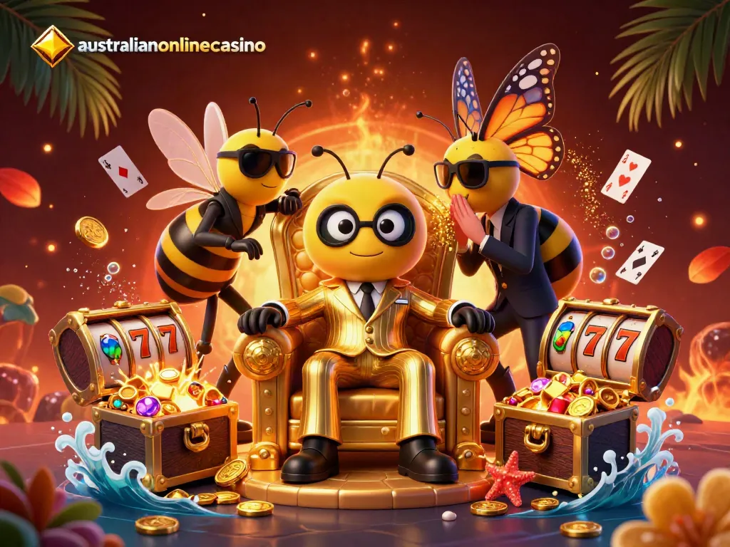 Experience thrilling games and bonuses at australianonlinecasino with a vivid illustration featuring animated characters and casino gems.