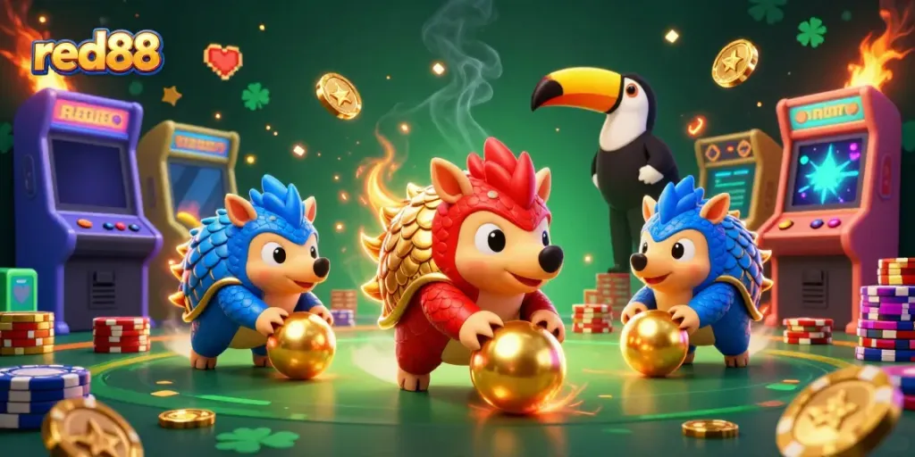 Join the excitement at red88 with a vibrant scene of playful pangolins competing in a thrilling casino game.