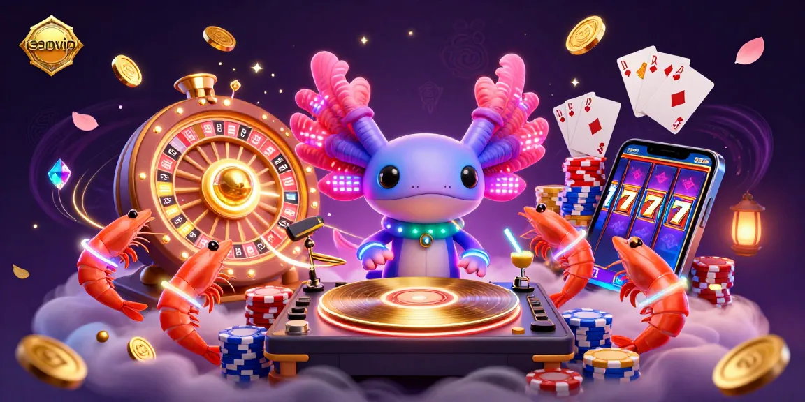 saovip brings excitement with a neon axolotl DJ, golden coins, and vibrant casino elements.
