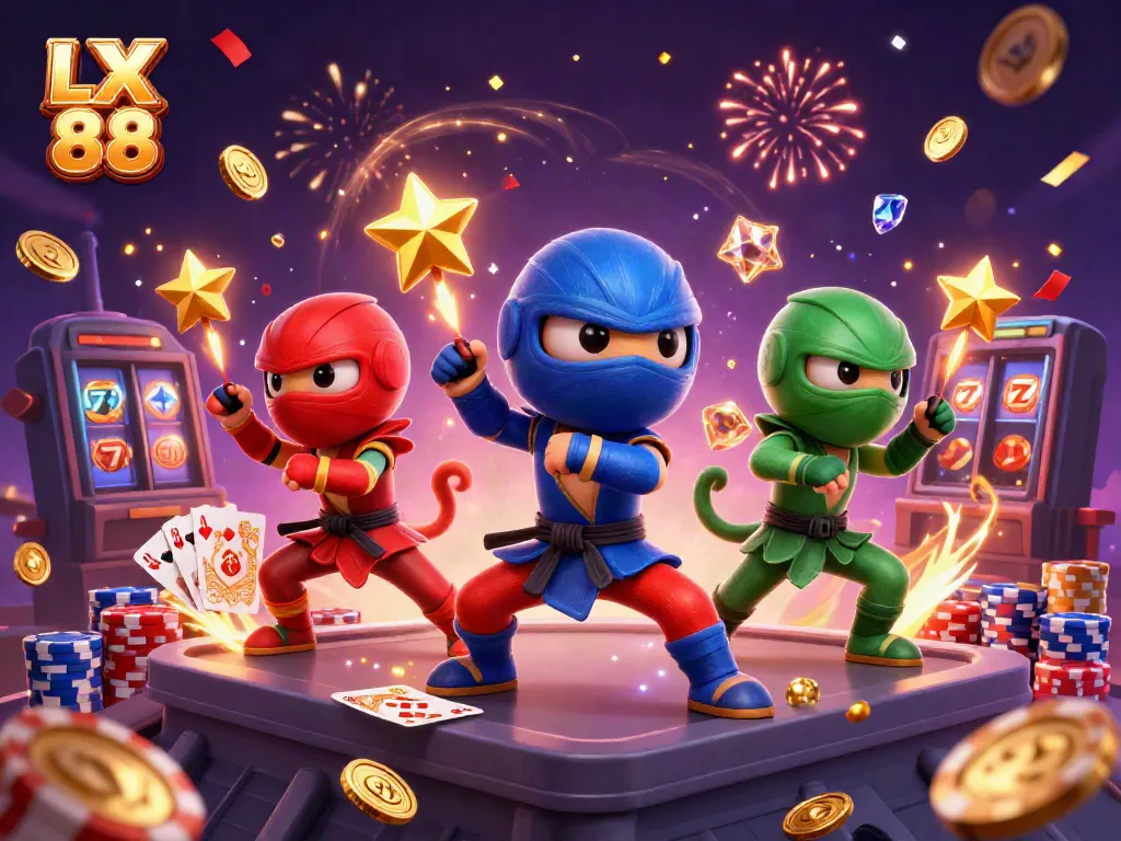 Engage in thrilling betting action at LX 88 with colorful chameleon ninjas and casino elements