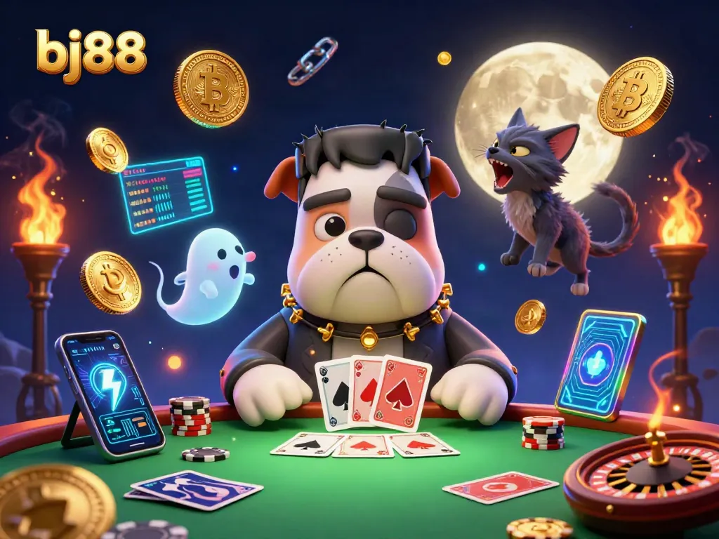 BJ88 players revealing poker strategies at a vibrant casino scene with ghosts and gold.