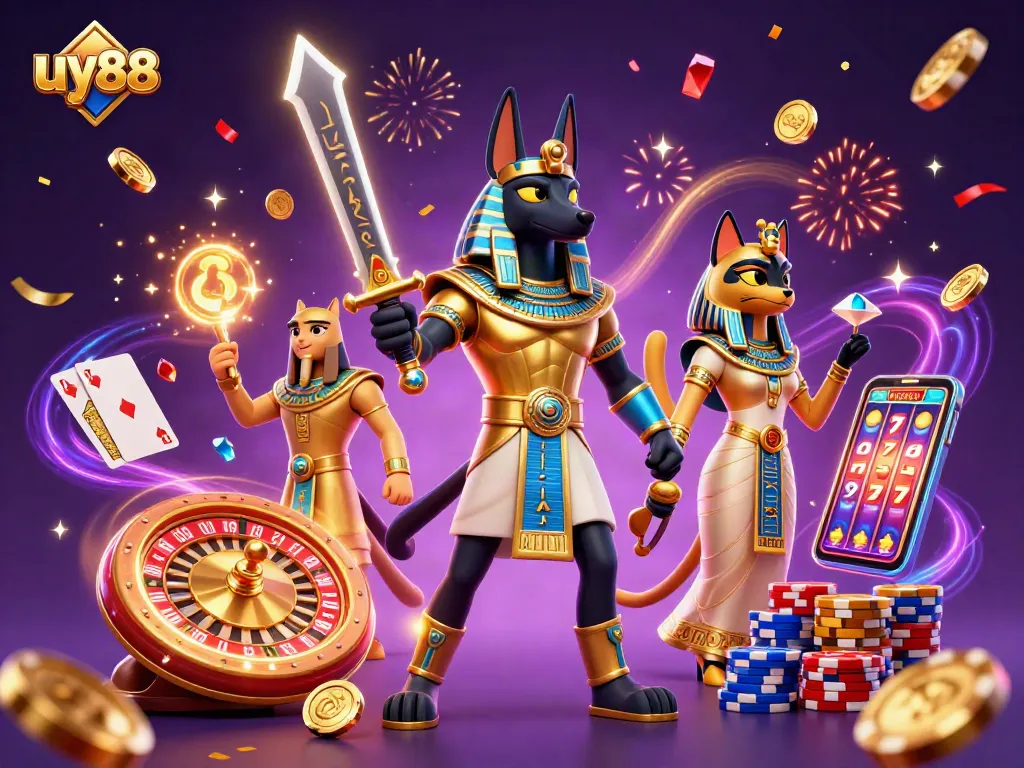 Spin the reels with uy88 as Anubis and Bastet celebrate in a vibrant casino atmosphere.