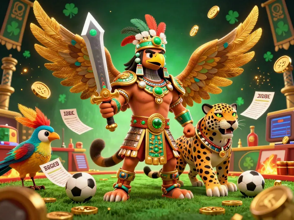 Experience live betting excitement with Doomuan Tv as Aztec warriors and vibrant birds surround a dynamic sports betting scene.