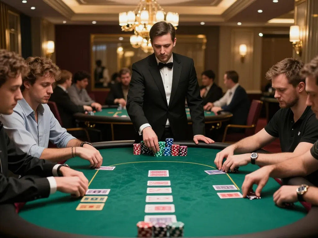 Players strategizing and placing bets at SC88 poker table in an upscale casino.
