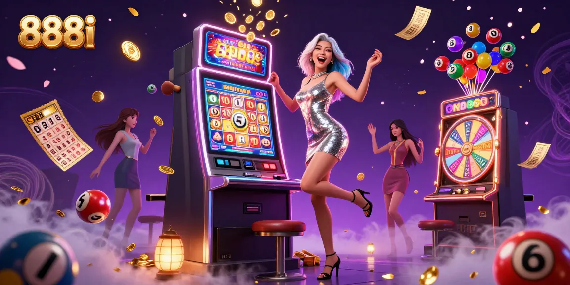 Experience the thrill of 888i as a joyous woman celebrates her jackpot win at a vibrant casino.