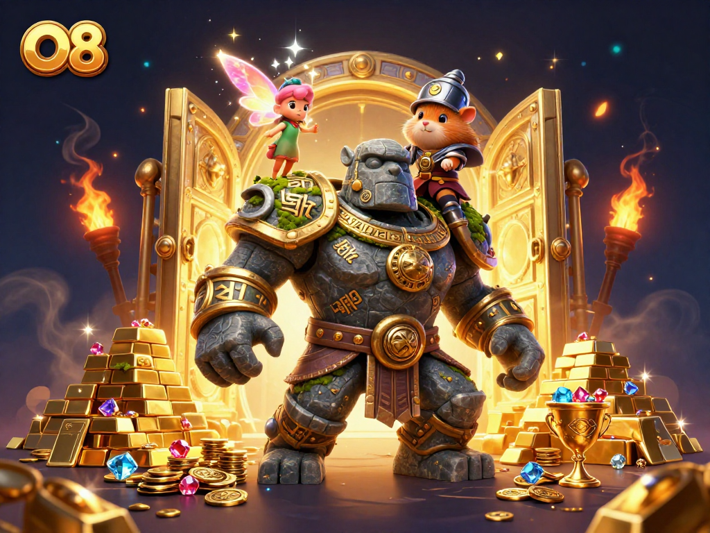 Spin the reels at O8, where a magical golem guardian and fairy immerse you in thrilling gaming treasures.