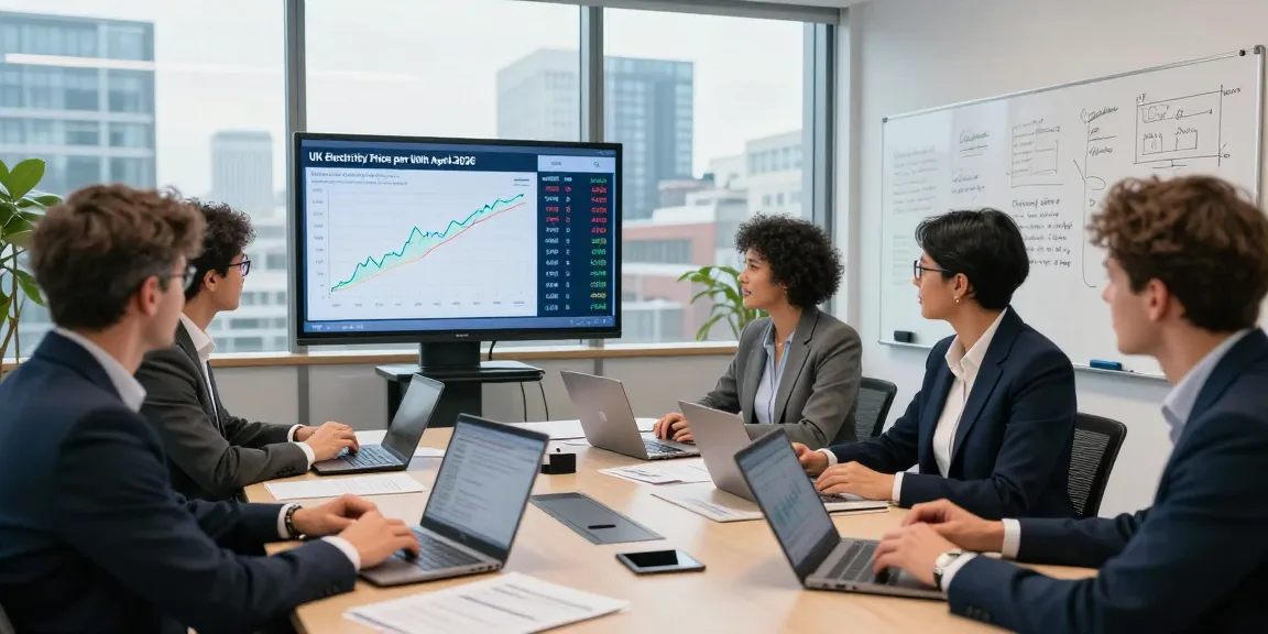 Business professionals discussing uk electricity price per kwh april 2026 in a modern office setting, focusing on energy cost strategies.