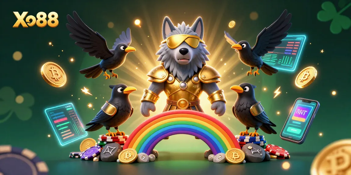 Xo88 reveals a vibrant 3D Norse casino scene with Odin's wolf and cryptocurrency elements.