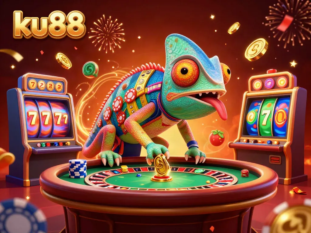 Experience the vibrant energy of ku88's dynamic casino scene with a chameleon owner, spinning slot reels, and festive details.