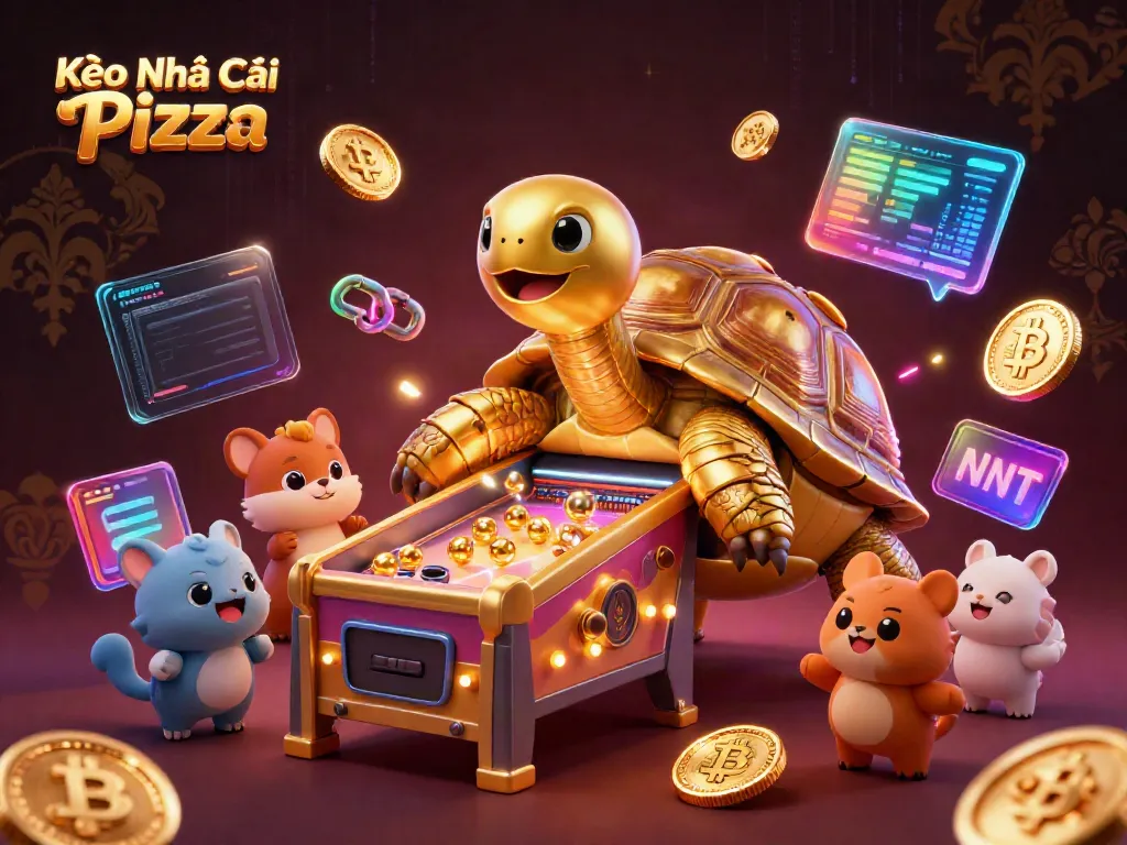 Engage with Kèo Nhà Cái Pizza through an exciting scene featuring golden tortoise and crypto elements.