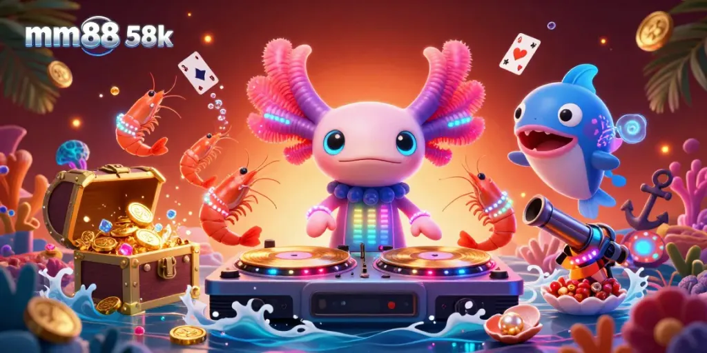 Join the vibrant underwater casino scene with mm88 58k, featuring lively axolotl DJ and dancing sea creatures.
