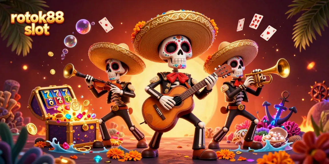 Experience thrilling gaming action with rokok88 slot in a vibrant 3D illustrated scene featuring mariachi skeletons.