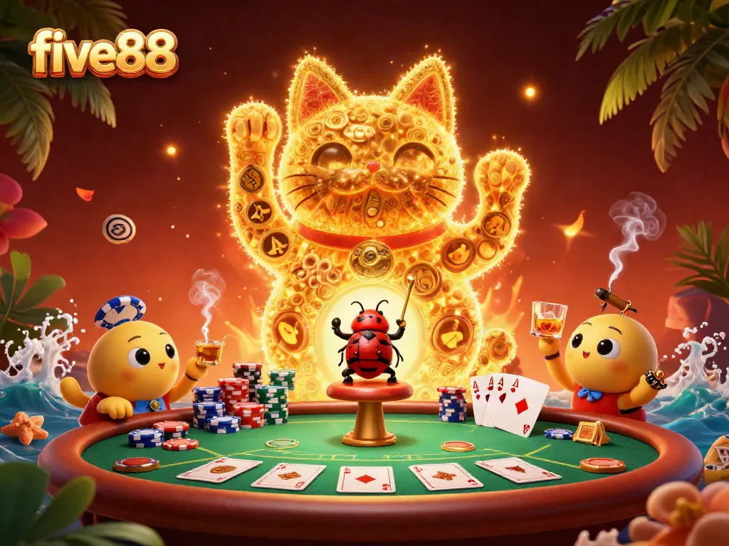 Engage with the vibrant five88 platform through the animated lucky cat and casino-themed imagery.